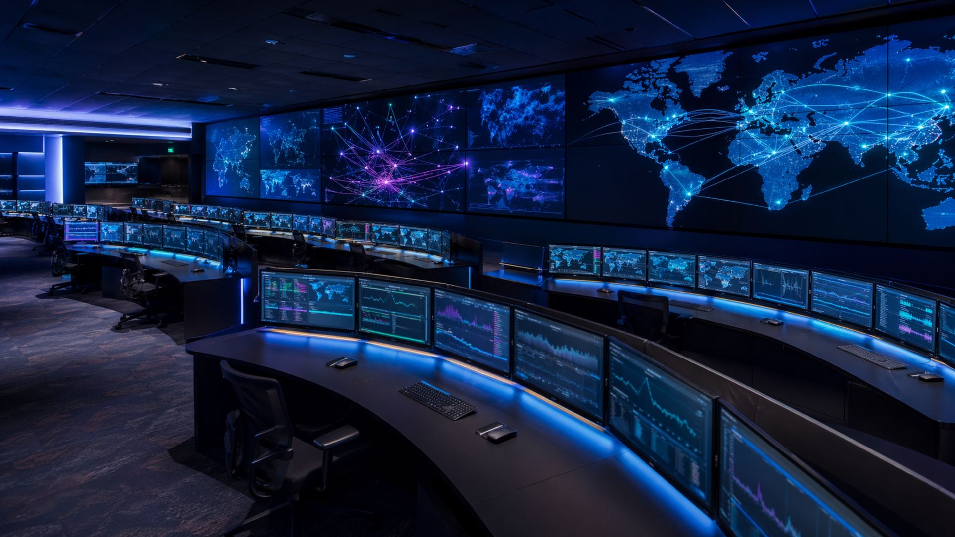 High-tech command center operating in calm blue tones