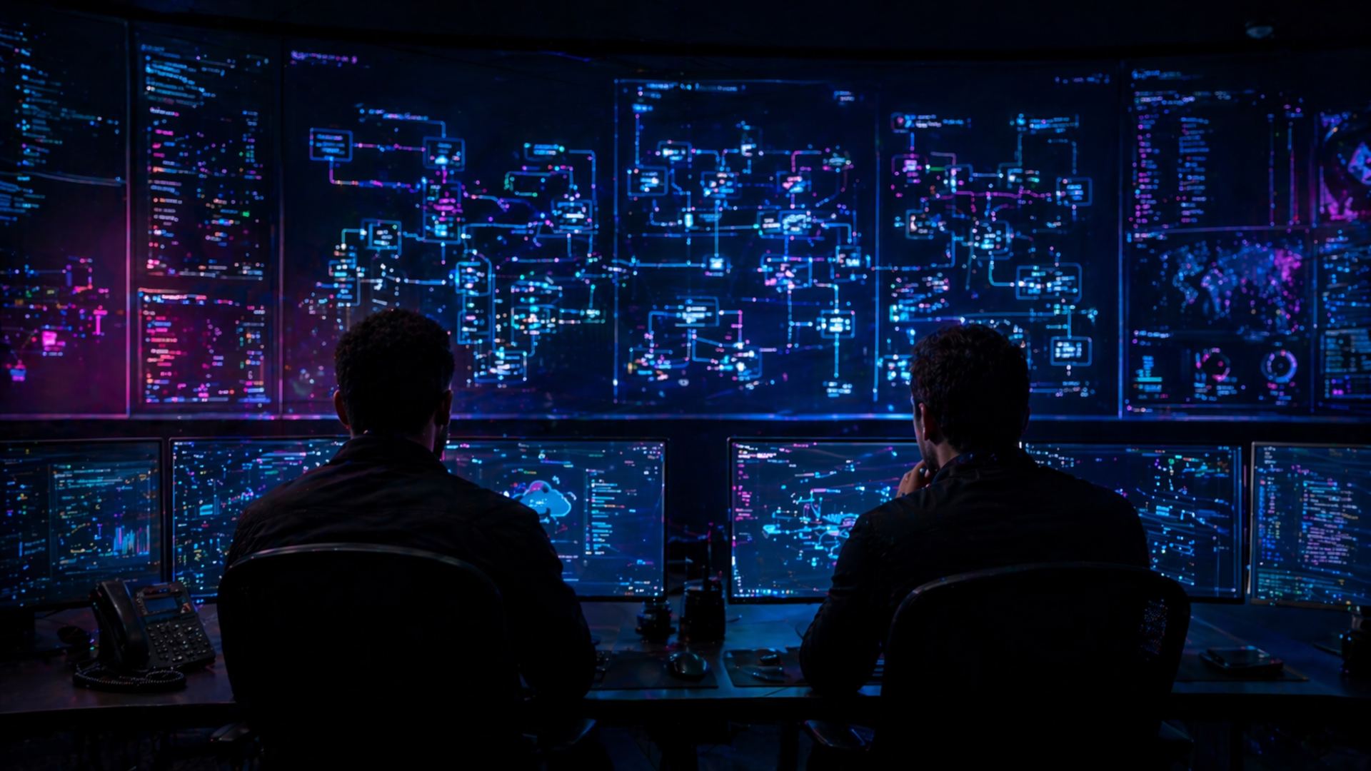Two security engineers in a cybersecurity operations center monitoring network topology diagrams on a wall of screens
